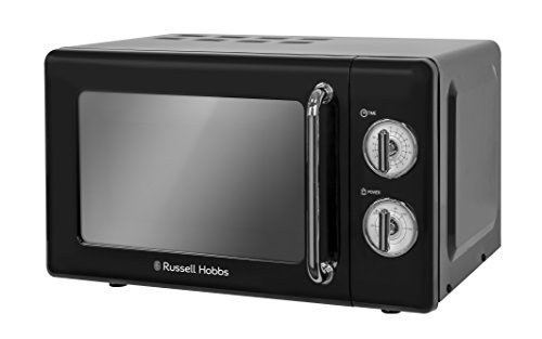 Black retro-style microwave with a shiny silver handle, two manual dials for time and power settings, and a compact 17L capacity.