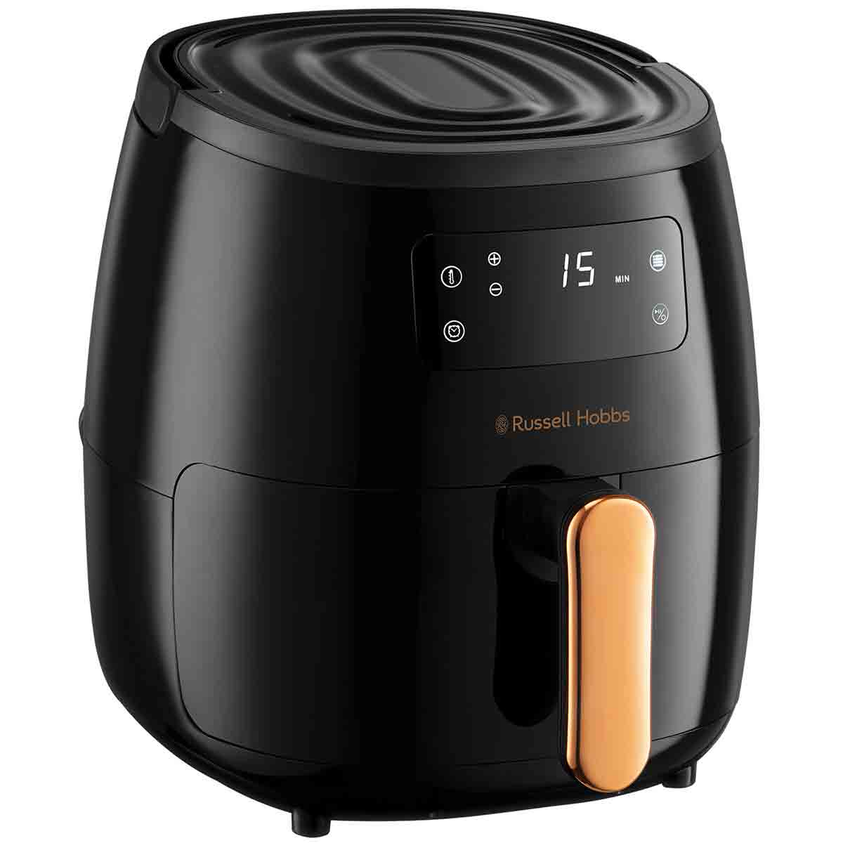 Black digital air fryer with a sleek design, featuring a large 5L capacity, an easy-to-read digital display, and a stylish gold handle.