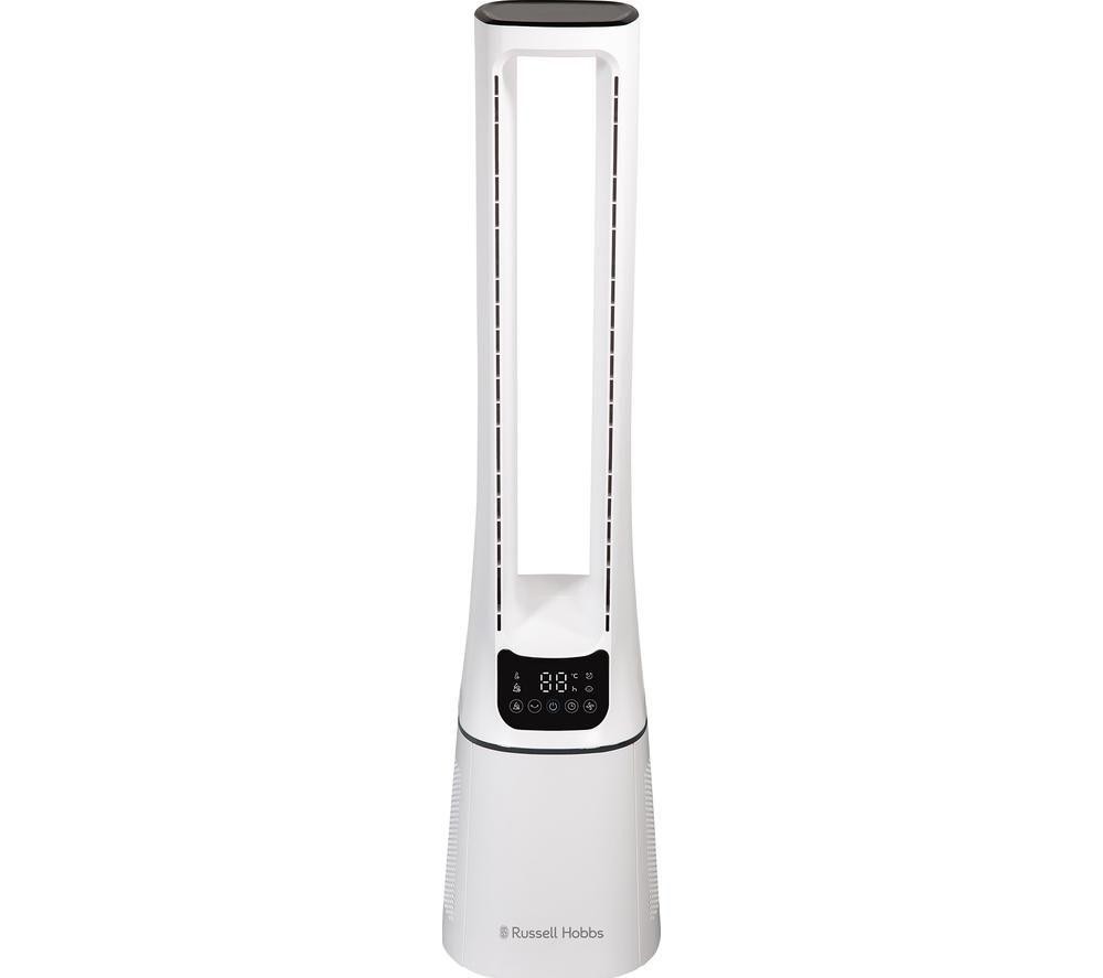 Tall, sleek white bladeless cooling fan with 10 speed settings, featuring a digital control panel at the base and a modern design for efficient airflow.