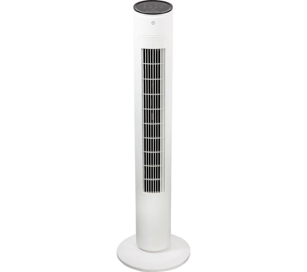 Tall white tower fan with a sleek design, featuring a front grill for airflow, three speed settings, and a remote control for convenience.