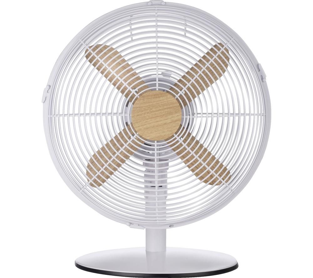 White electric desk fan with a Scandi wood effect center, featuring four wooden blades and a circular metal grille, mounted on a sturdy black base.