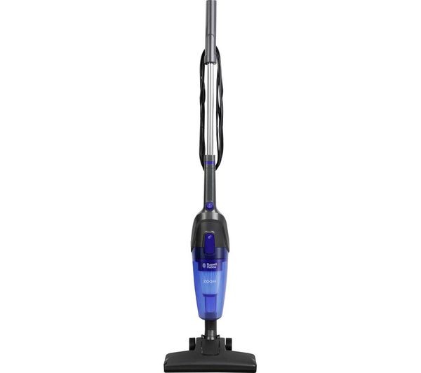 Blue and grey Russell Hobbs Zoom RHSV1002 handheld vacuum cleaner with a sleek design, featuring a transparent dust container and a slim nozzle for easy maneuverability.