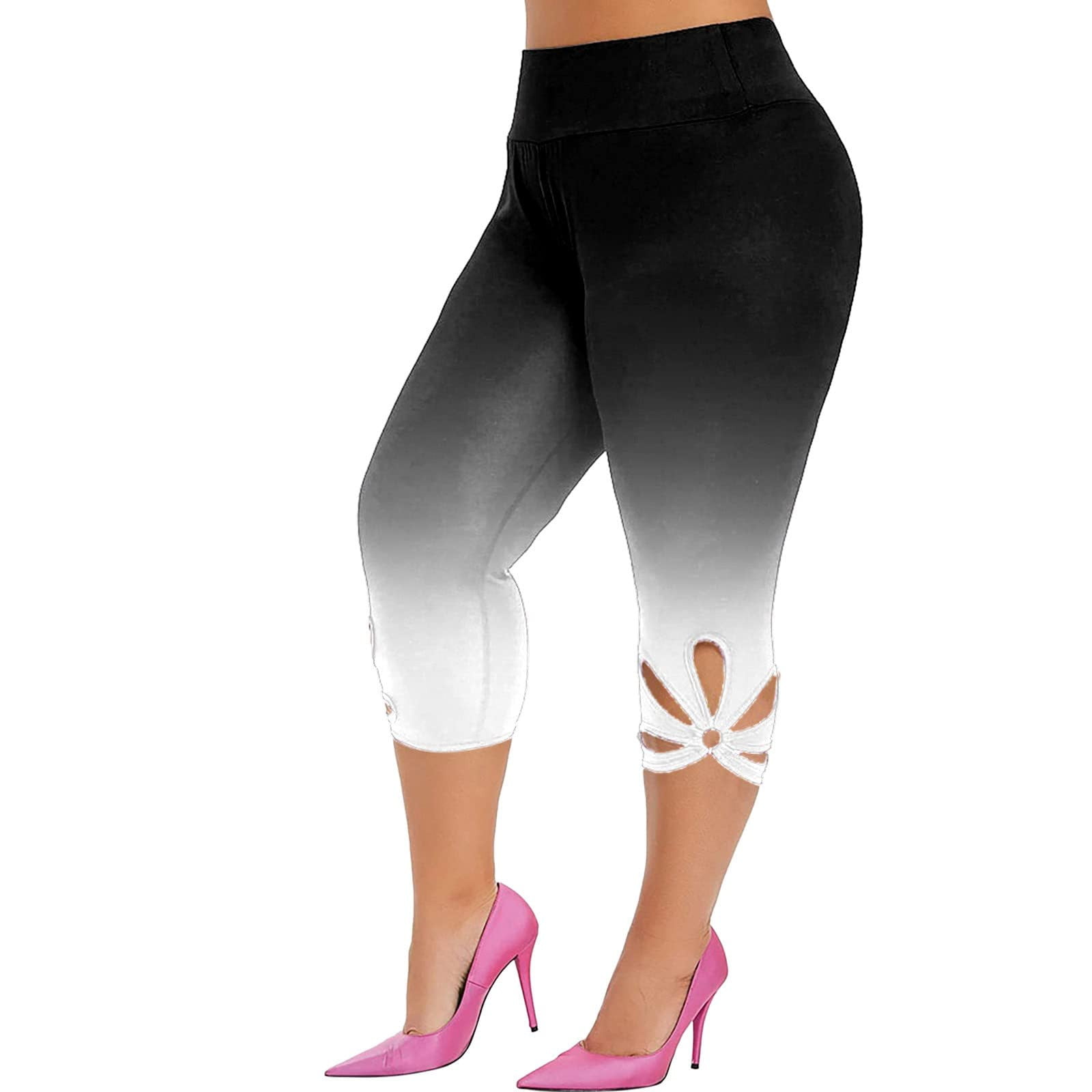 High-waisted plus-size capris leggings in a black-to-white gradient, featuring hollow cutouts at the hem and made from a stretchy, comfortable material, perfect for yoga or casual wear.
