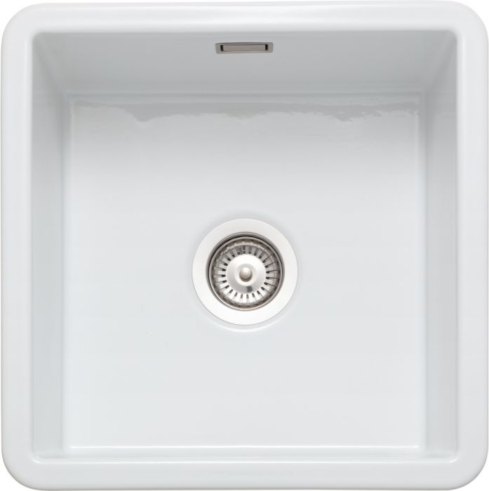 White fire clay ceramic sink with a square shape, featuring a central stainless steel drain and smooth, glossy finish.