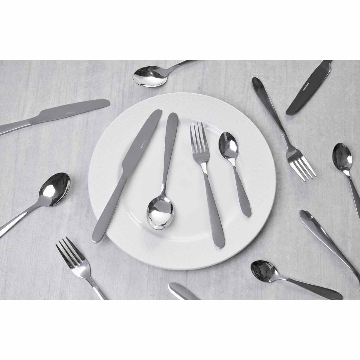 24-piece Sabichi arch cutlery set featuring sleek stainless steel utensils, including knives, forks, and spoons, arranged around a white plate on a textured surface.