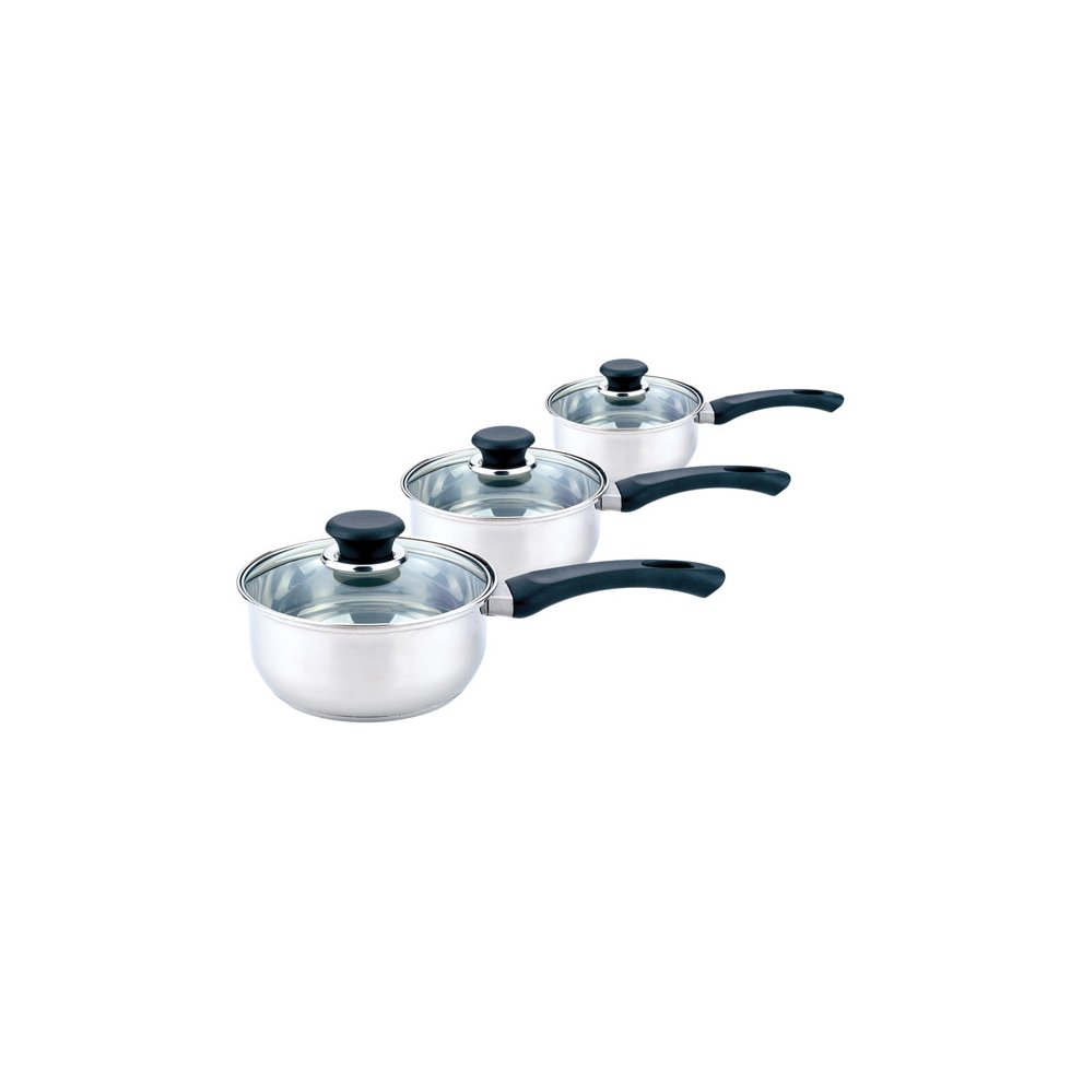 Three stainless steel pans with black handles and glass lids, varying in size, showcasing a sleek, modern design ideal for versatile cooking.