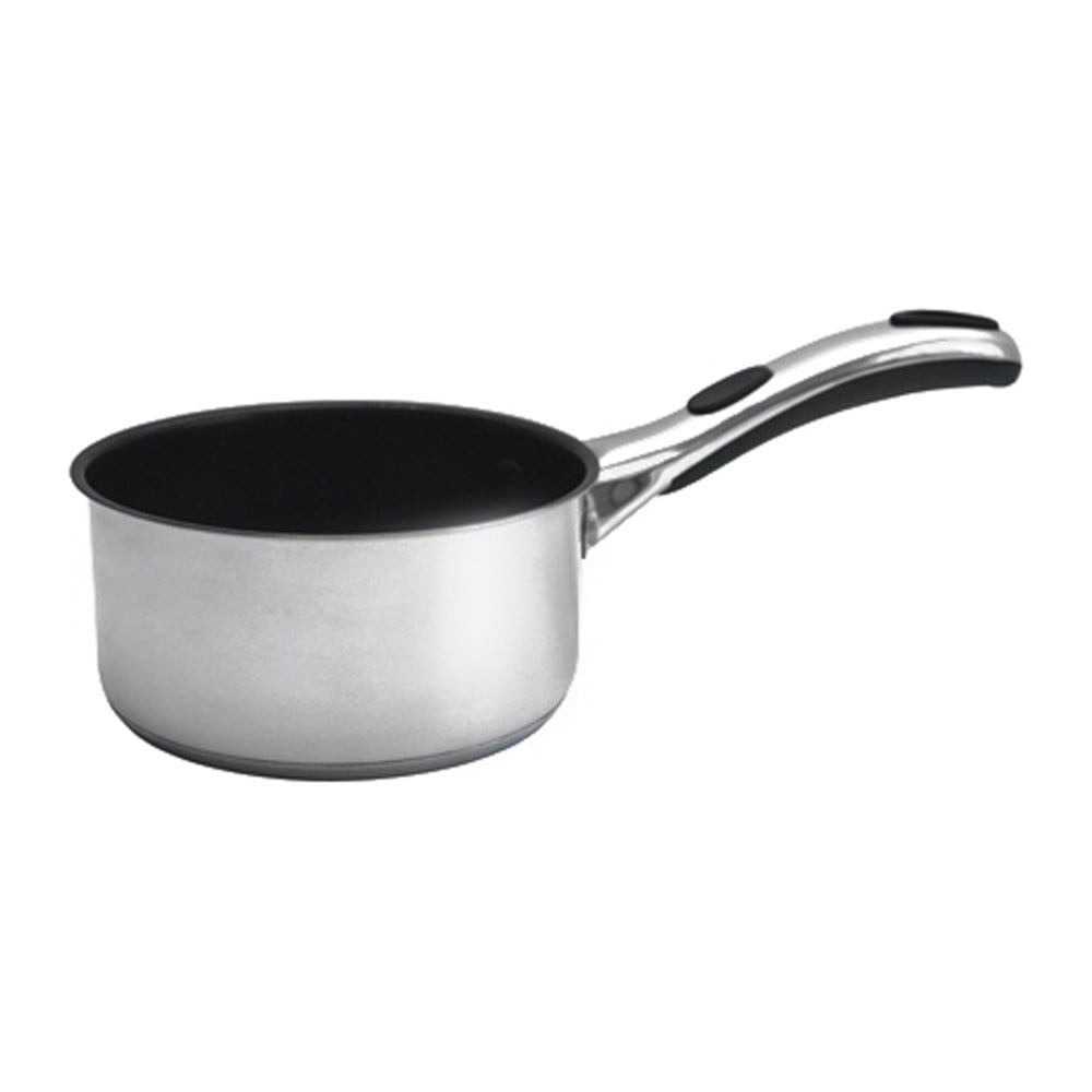 Silver 14cm milkpan with a sleek stainless steel body, non-stick interior, and an easy grip black handle for comfort and control.