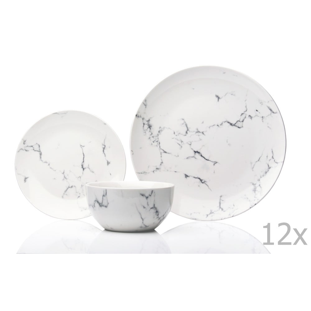 Elegant 12-piece dinner set featuring white marble-patterned plates and bowls, showcasing a sleek design with subtle black veining for a modern dining experience.