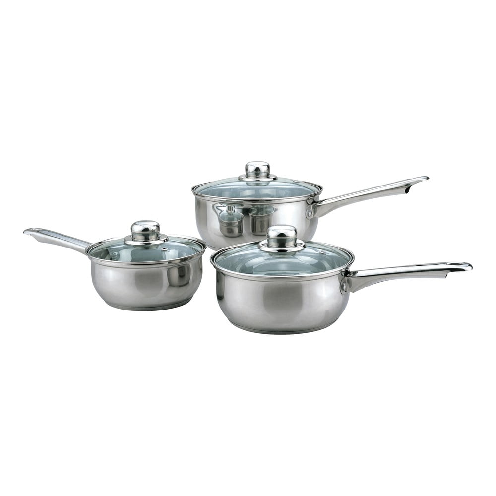 Three silver stainless steel saucepans with glass lids, featuring long handles, in varying sizes, showcasing a sleek, modern design ideal for cooking.