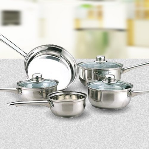 Silver stainless steel 5-piece cookware set by Sabichi, featuring three pots with glass lids and one frying pan, all with long handles, arranged on a light countertop.
