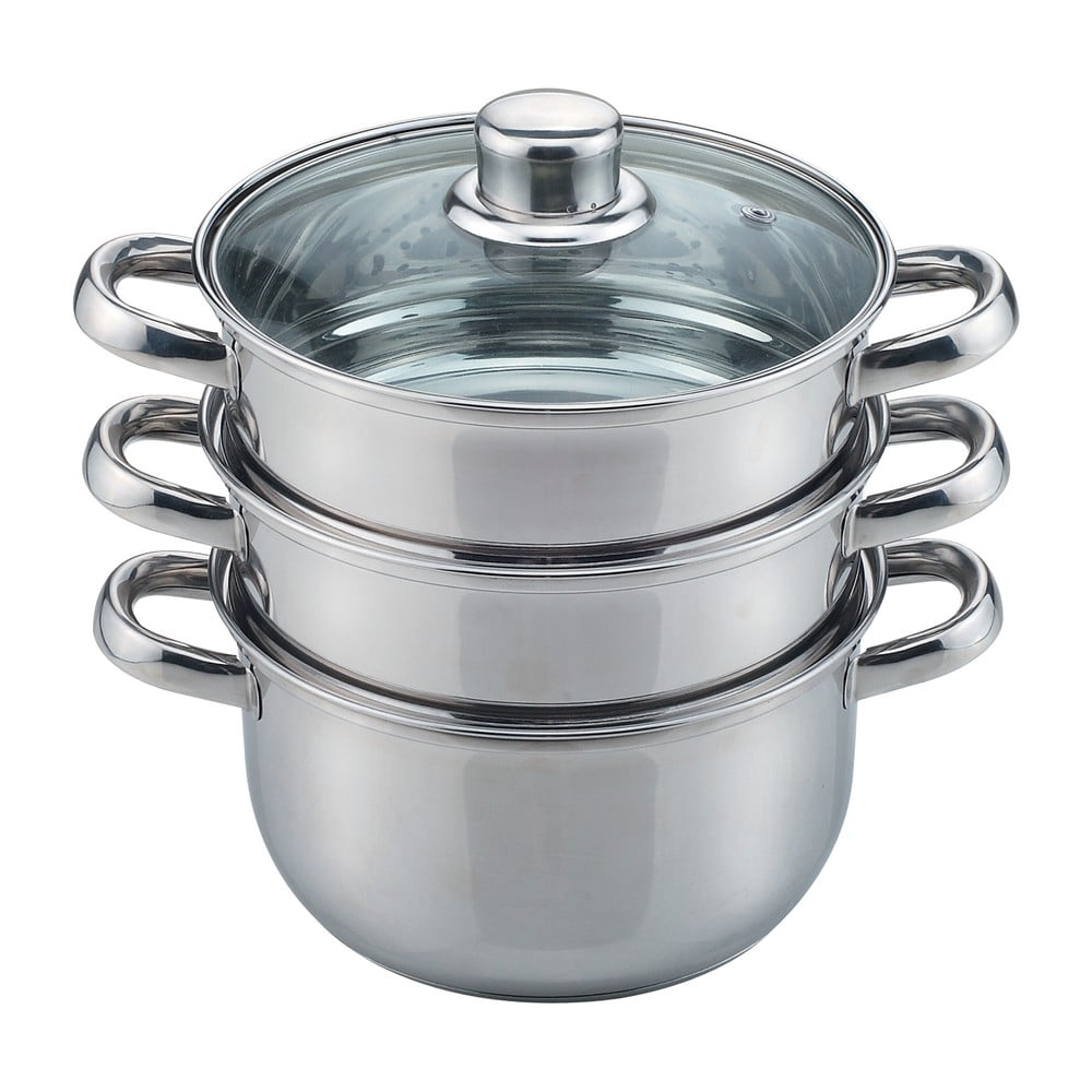 Three-tier stainless steel steamer with a silver finish, featuring a clear glass lid and sturdy handles for easy lifting.