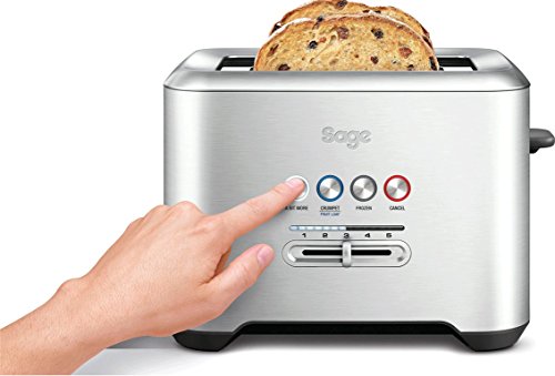 Sage BTA720 Bit More 2 Slice Toaster in stainless steel, featuring a sleek design, blue and red indicator lights, and a dial for browning control, with toast peeking out.