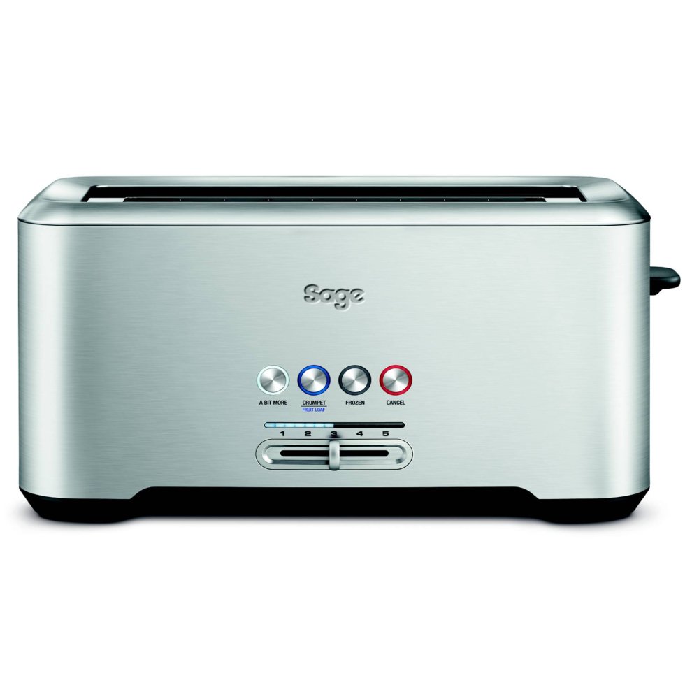Sage BTA730UK toaster in brushed stainless steel with four slots, illuminated buttons for defrost, reheat, and cancel functions, and a sleek, modern design.