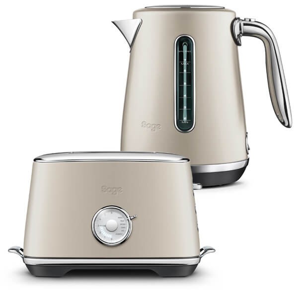 Sage kettle and toaster set in Luxe Almond Nougat color, featuring a sleek stainless steel finish, transparent water gauge, and a dial for toasting settings.