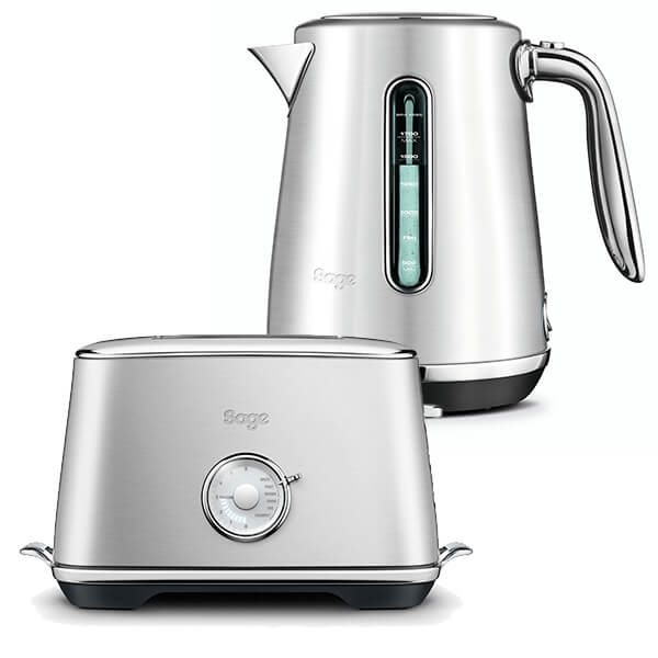 Sleek brushed stainless steel kettle and toaster set by Sage, featuring a glass water level indicator on the kettle and a dial control on the toaster.