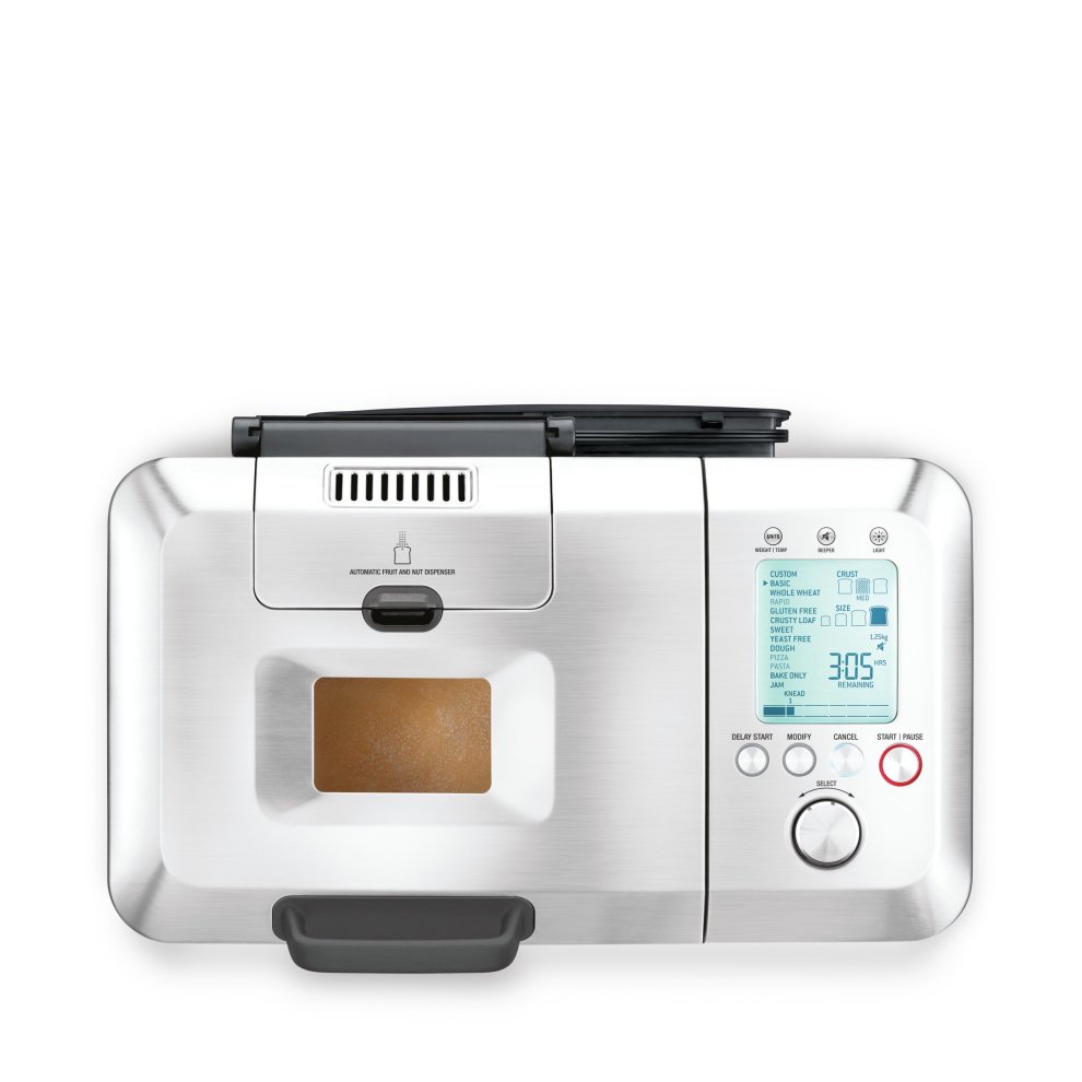Sage BBM800BSSUK Custom Loaf Pro Bread Maker in stainless steel with a digital display, control buttons, and a viewing window for monitoring baking progress.