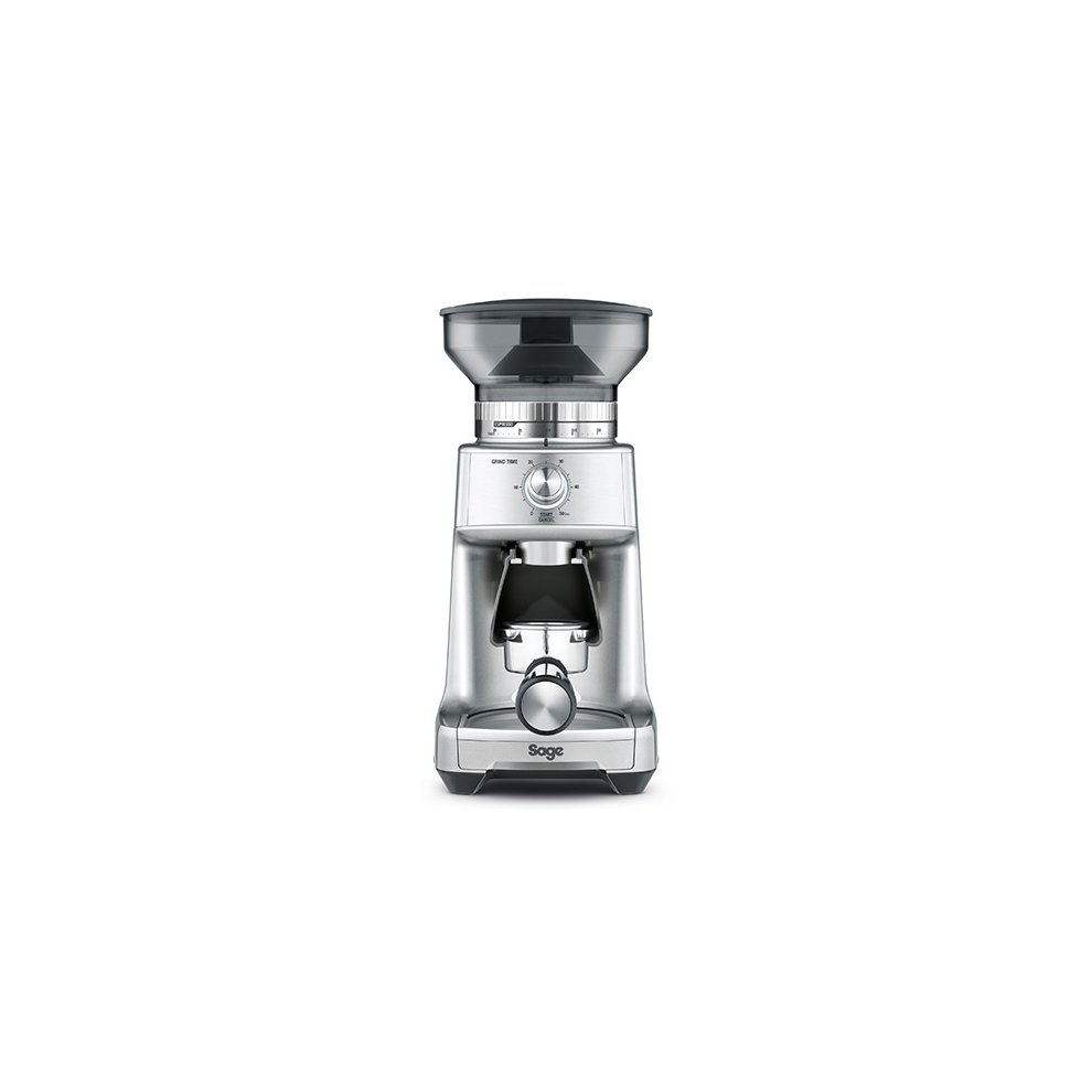Sage BCG600SIL Dose Control Pro Coffee Grinder in stainless steel features a sleek design, a transparent hopper, and a dial for precise grind settings.