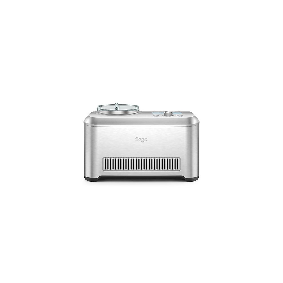 Sleek silver ice cream maker with a transparent lid, control panel featuring buttons and a dial, and a textured front for easy grip.