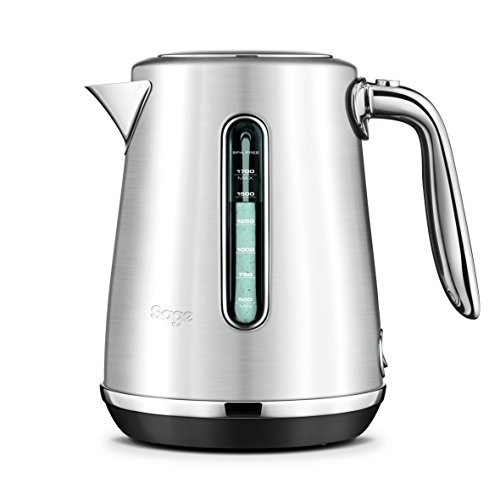 Sage BKE735 Soft Top Luxe kettle in stainless steel, featuring a sleek design, a clear water level indicator, and a polished handle for easy pouring.
