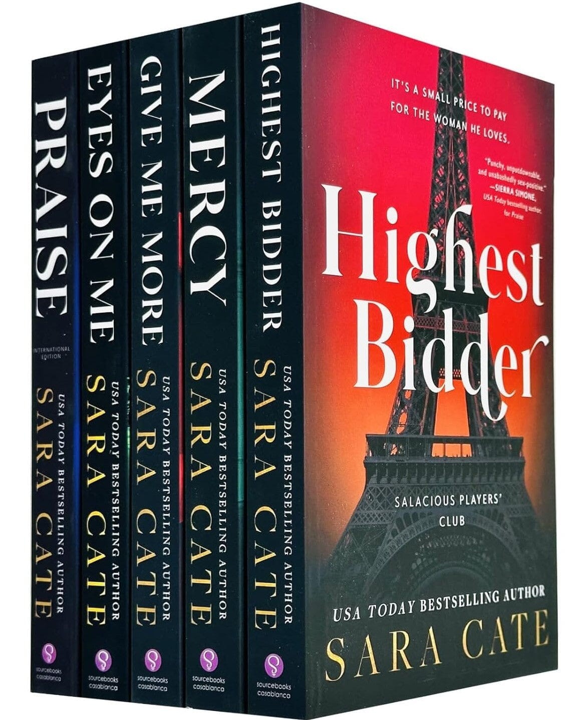 Five paperback books from the "Salacious Players Club Series" by Sara Cate, featuring bold titles in varying colors, with a prominent red and black cover design on "Highest Bidder."