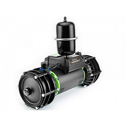 Black and green Salamander RP100TU 3.0 Bar Shower Pump with twin impellers, featuring a cylindrical body and a prominent pressure switch on top.