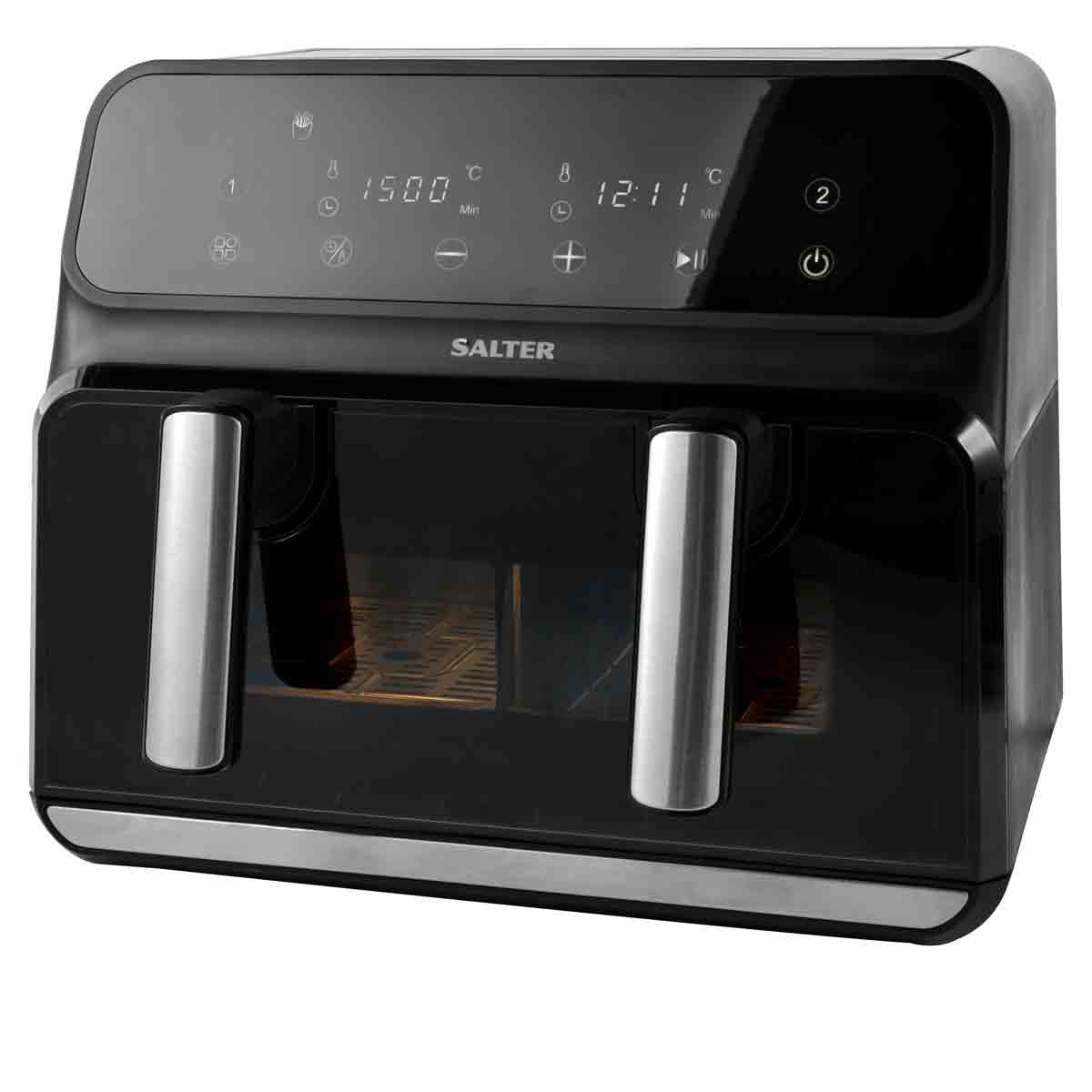 Black Salter Fuzion EK5728 Air Fryer featuring a sleek design, digital control panel with temperature settings, and dual cooking compartments with transparent windows.