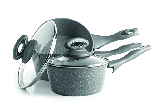 Three-piece Salter Marblestone saucepan set in grey, featuring a non-stick coating, glass lids, and ergonomic handles for easy handling.