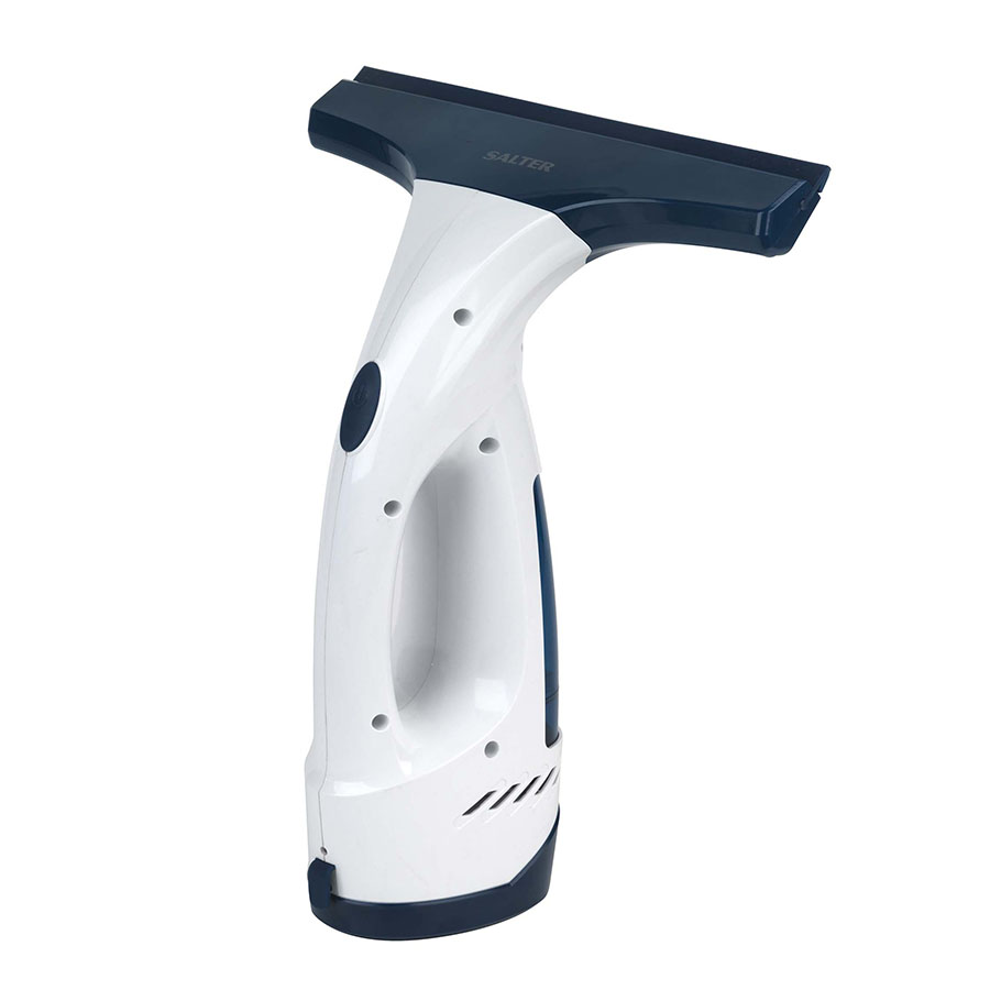 Rechargeable window-cleaning vacuum in white and navy, featuring a sleek ergonomic design, a wide squeegee head, and a transparent water tank for easy monitoring.