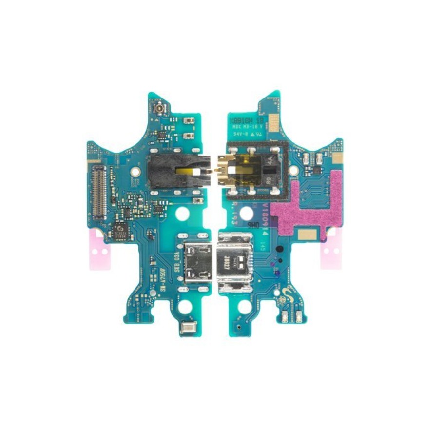 Samsung 750 7 2018 charging circuit board featuring a blue-green PCB with multiple connectors, ports, and components, including USB and charging ports.