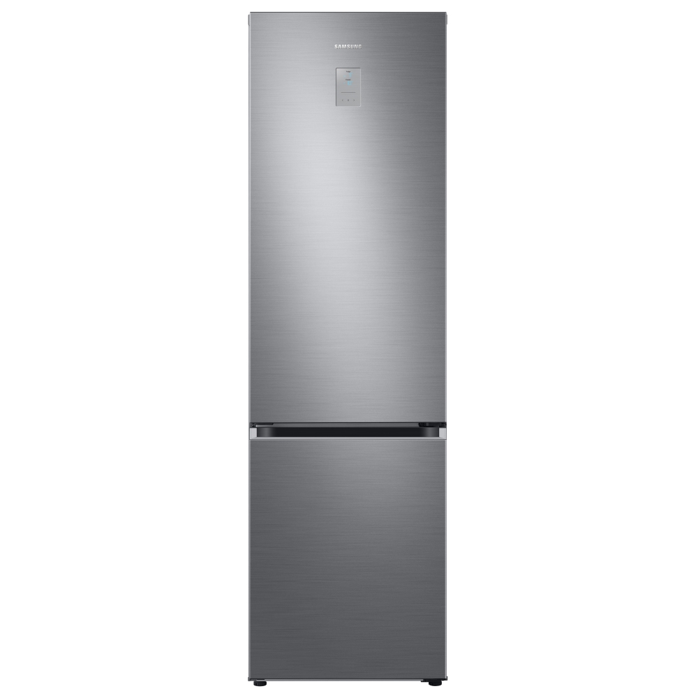 Sleek stainless steel Samsung Bespoke RL38A776ASR fridge freezer with a brushed finish, featuring a digital display and twin cooling technology, designed for efficient temperature control.