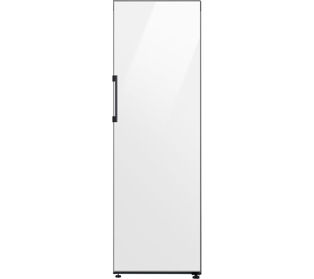 Tall, clean white larder fridge with a sleek design, featuring a smooth finish, a black handle, and adjustable feet for stability.