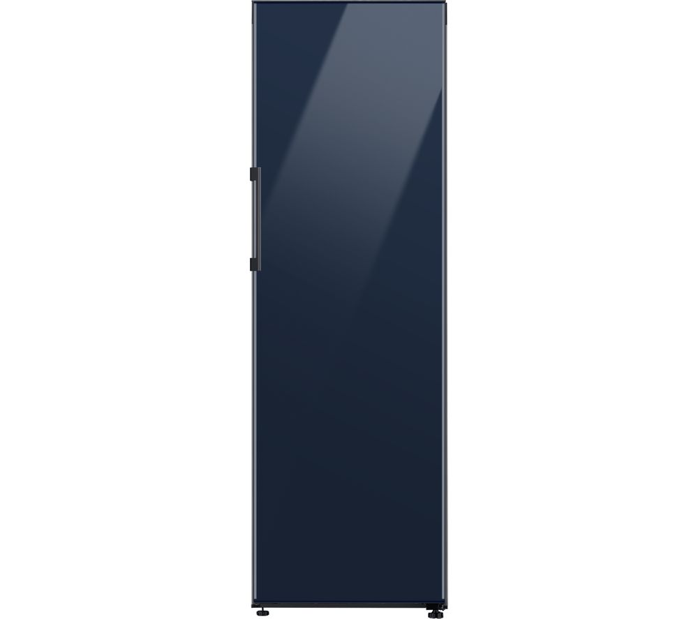 Sleek 1.85m tall navy blue larder fridge with a glossy finish, featuring a minimalist design and a side handle for easy access.