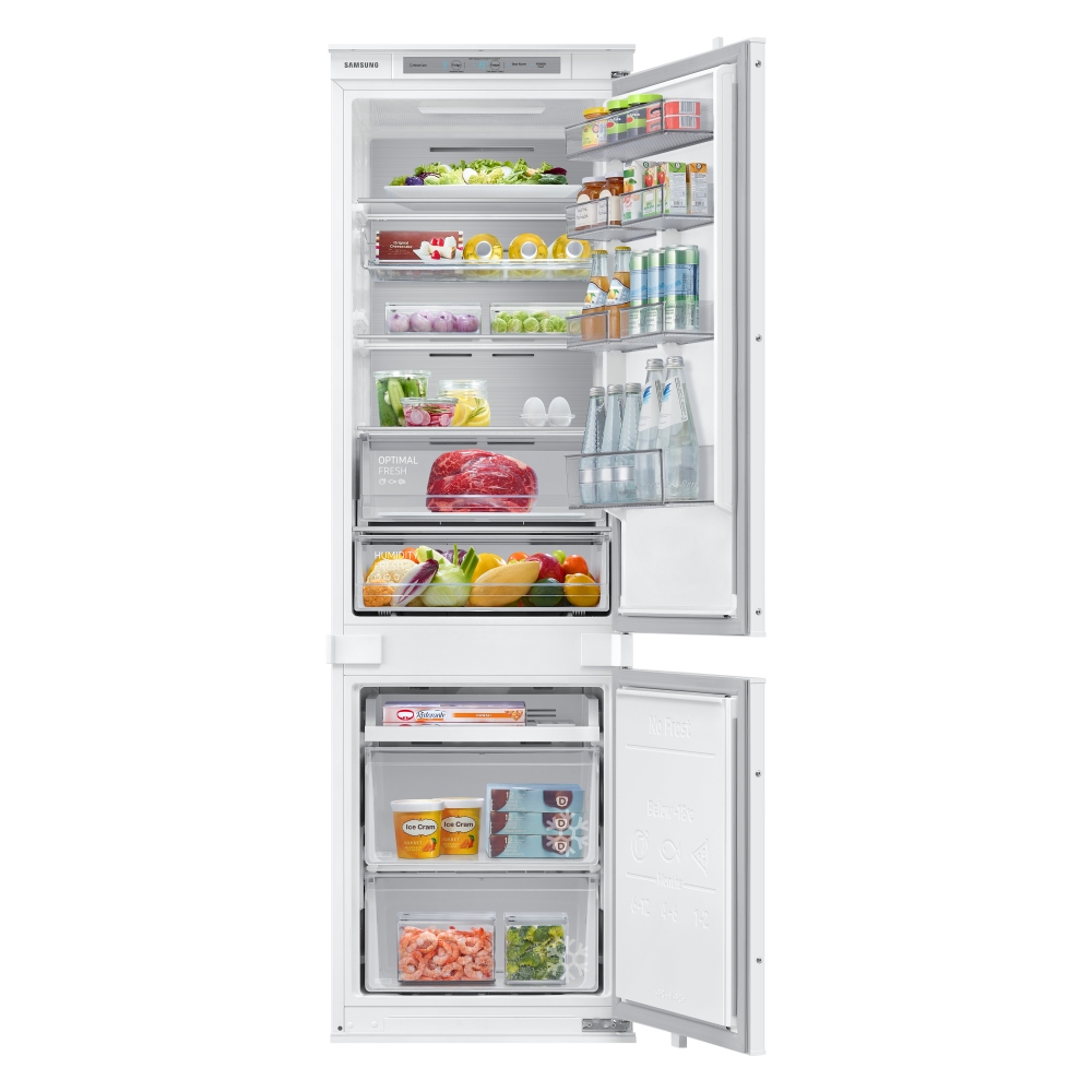 Samsung BRB26705DWW integrated frost-free fridge freezer in white, featuring a spacious interior with adjustable shelves, clear storage bins, and a sleek design, standing 177cm tall.