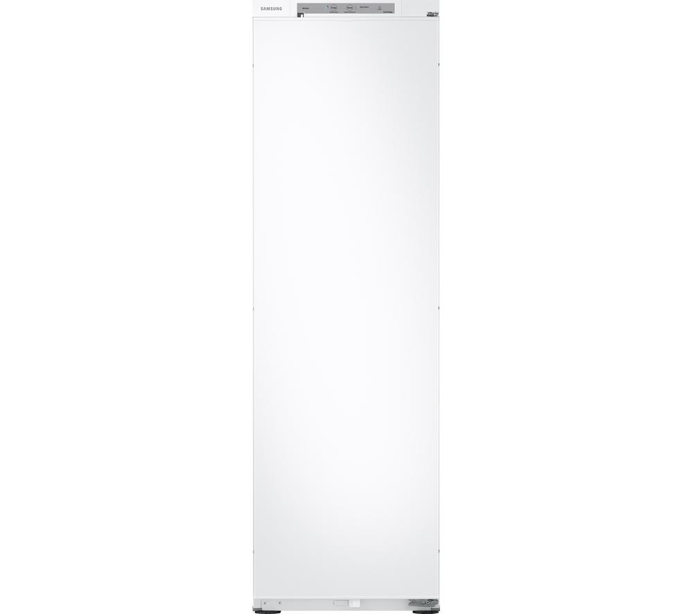 SAMSUNG SpaceMax BRD27600EWW/EU integrated tall fridge in sleek white finish, featuring a sliding hinge and minimalist design with control panel at the top.