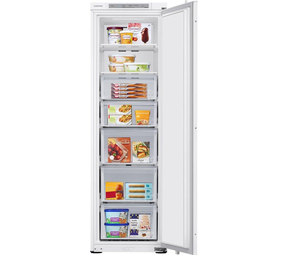 Samsung Integrated Fridge Freezer in Snow White, featuring a sleek design, multiple clear storage bins, and a spacious 218L capacity for organized food storage.