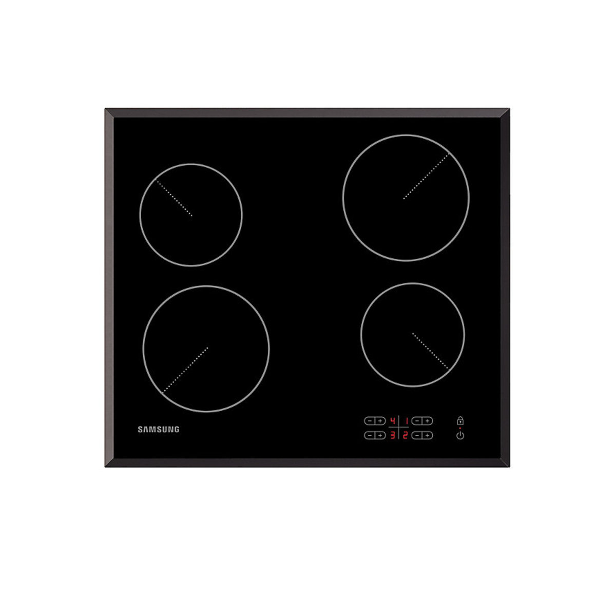 Samsung C61RAAMST/XEU ceramic hob features a sleek black glass surface with four cooking zones and a residual heat indicator, measuring 60cm in width.