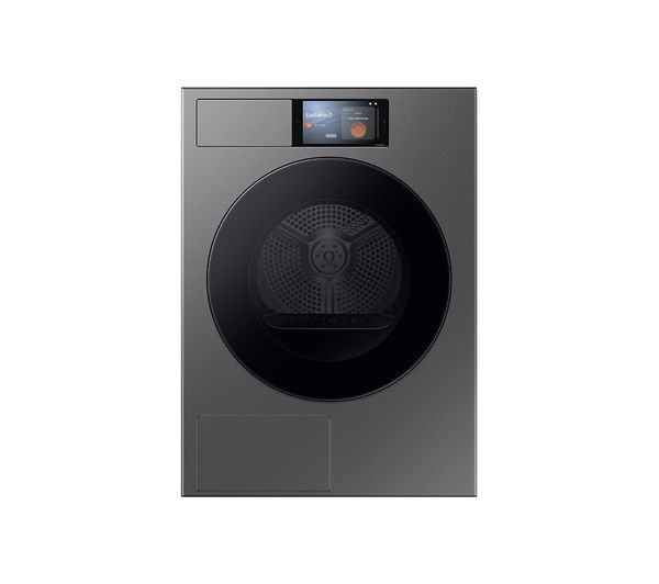 Samsung Tumble Dryer Series 9 in dark steel finish features a sleek design, large circular door, and a digital display for easy operation, with a capacity of 9 kg.