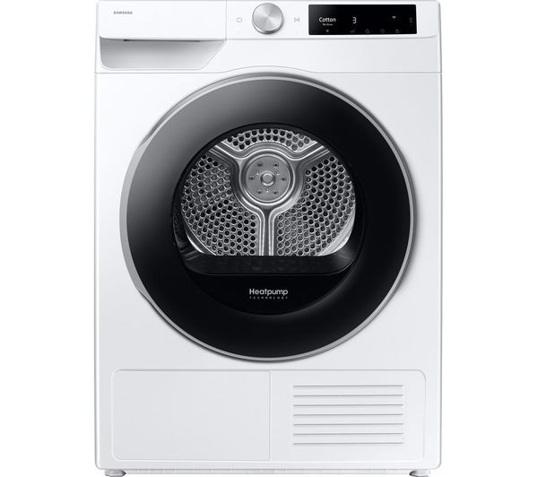 Samsung Tumble Dryer Series 6 in white, featuring a large black circular door, control panel with dial and buttons, and a 9 kg capacity for efficient drying.