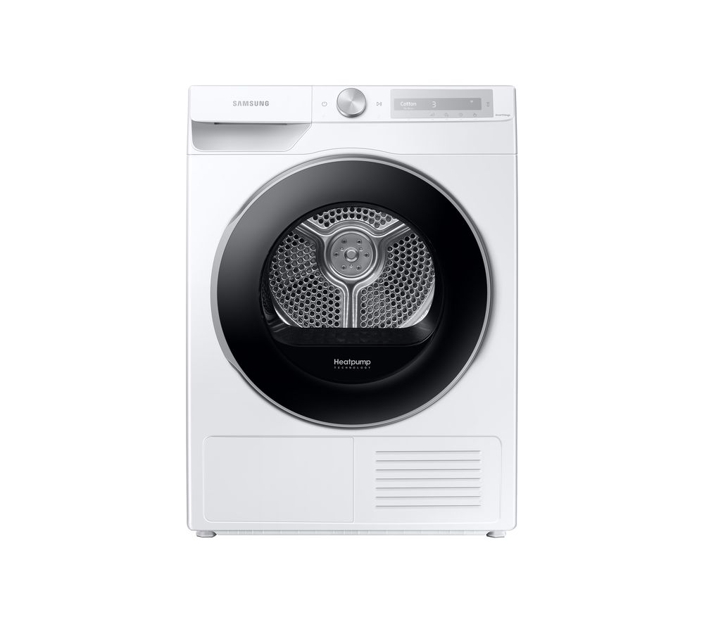 Samsung Tumble Dryer Series 6+ in white, featuring a large black door with a circular vent design, control panel with buttons, and a 9 kg capacity for optimal drying.