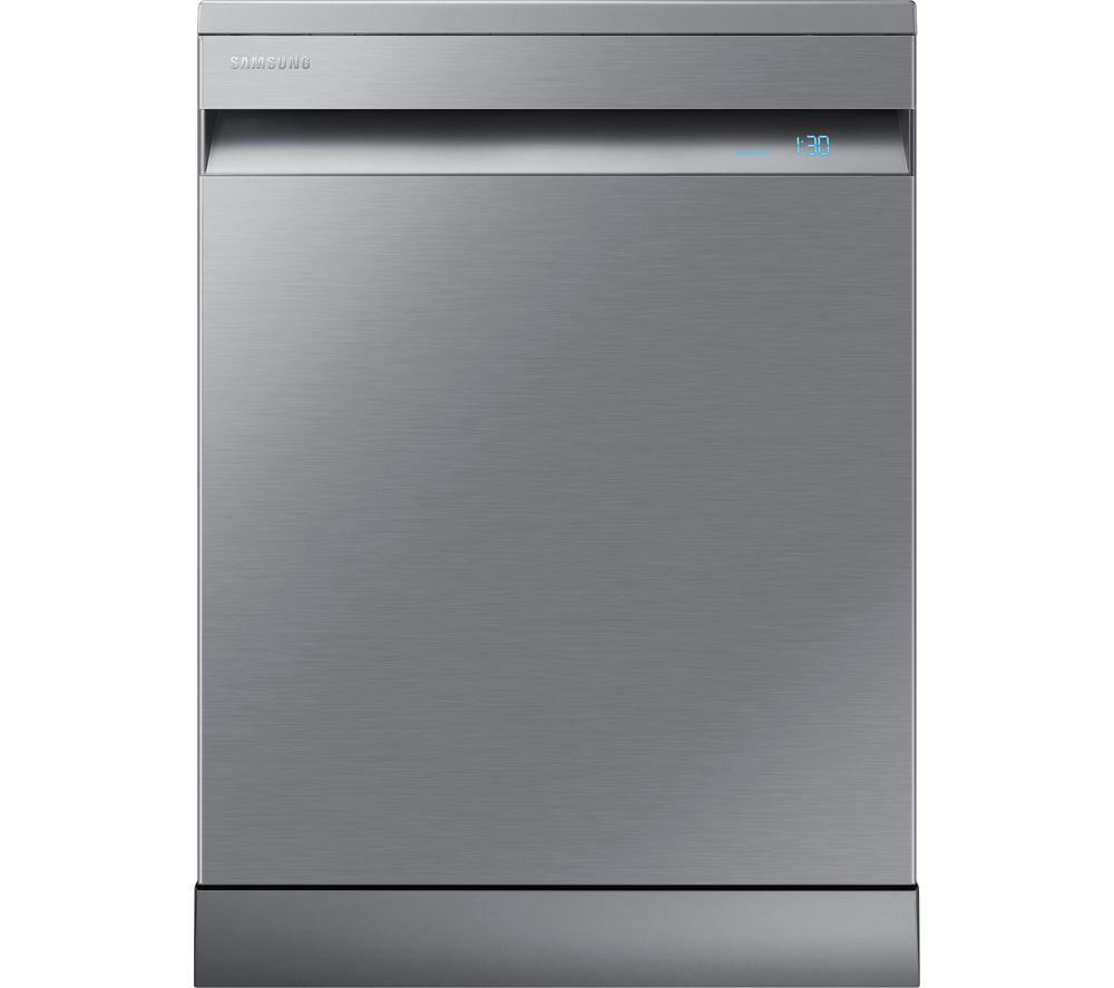 Samsung freestanding dishwasher in silver with a sleek stainless steel finish, featuring an auto door open function and capacity for 14 place settings.