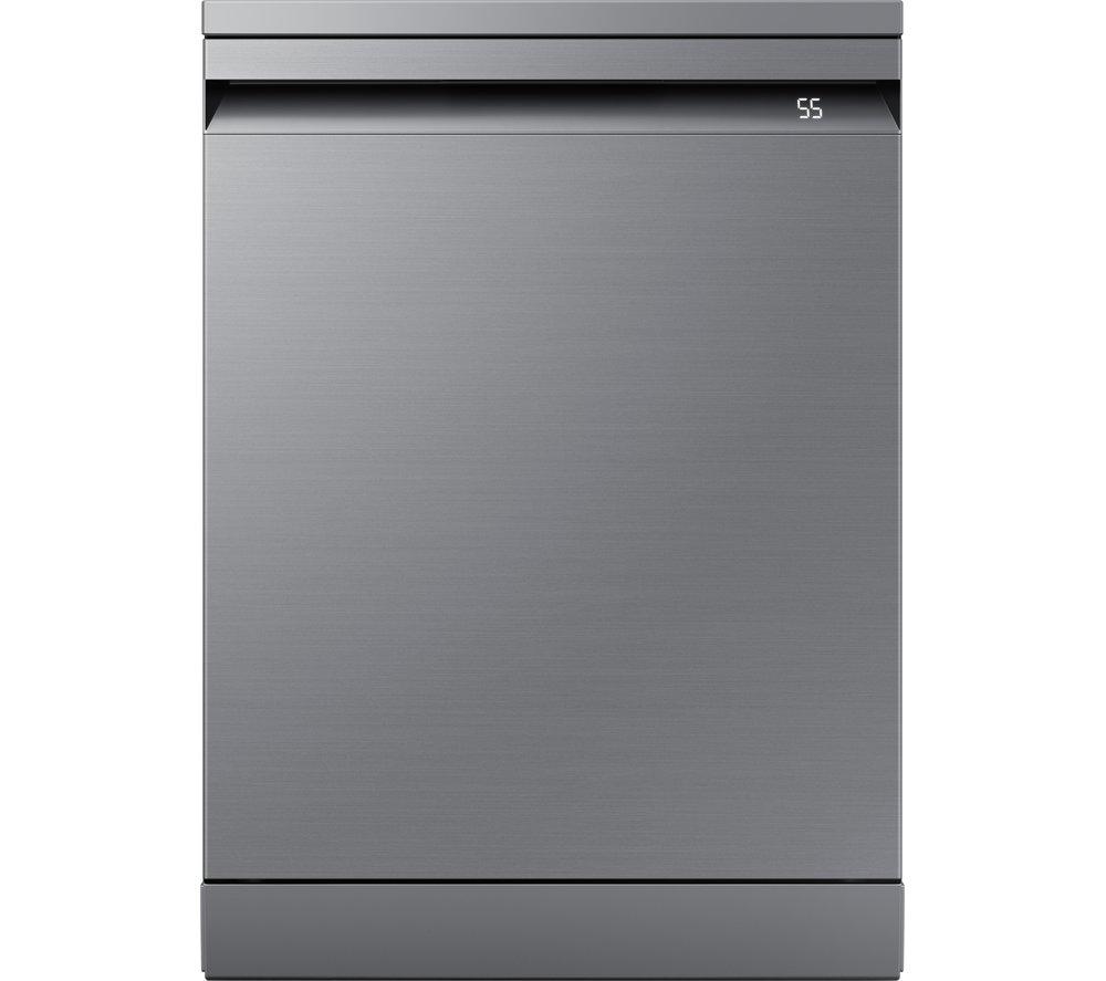 Samsung freestanding dishwasher in silver, featuring a sleek stainless steel finish, WaterJet Clean technology, and capacity for 13 place settings.