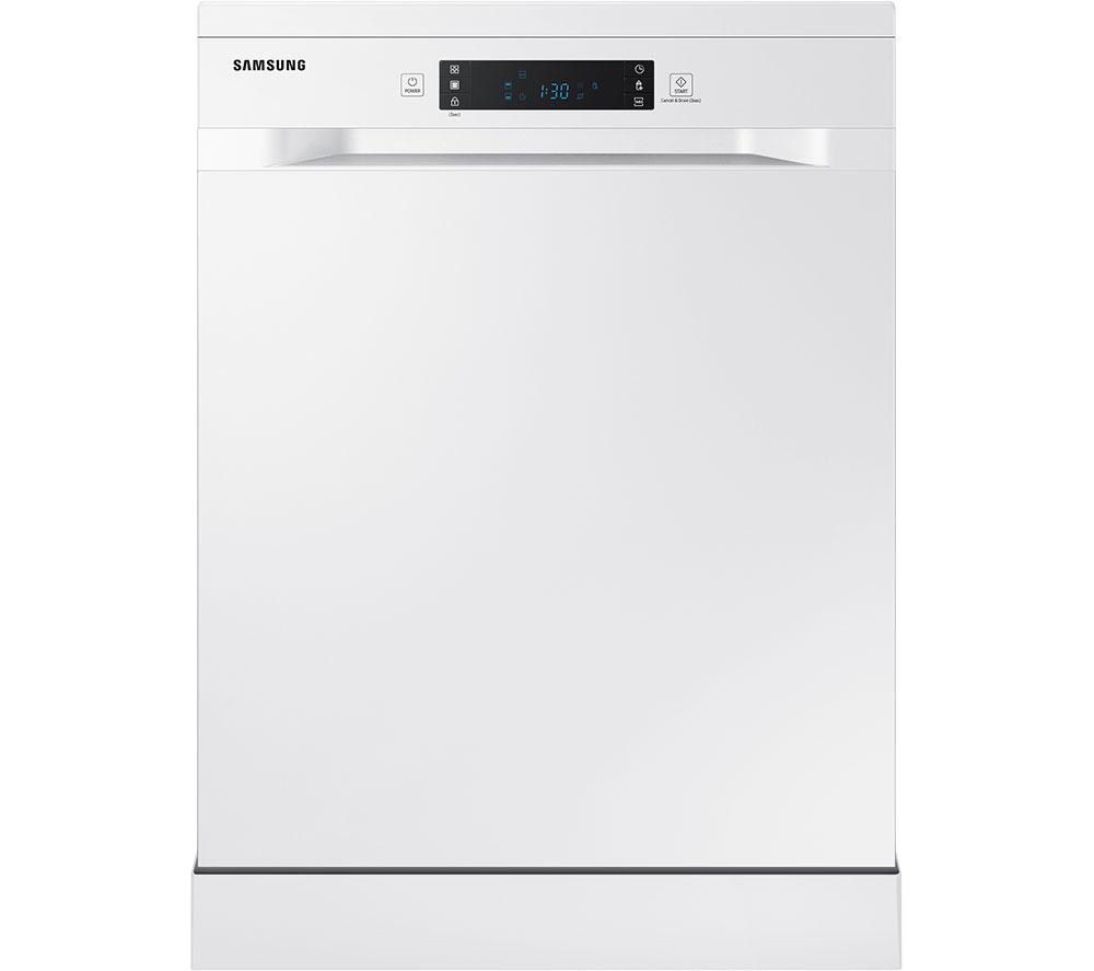 Freestanding white Samsung dishwasher with a sleek design, featuring a digital control panel, Auto Door Open function, and capacity for 14 place settings.