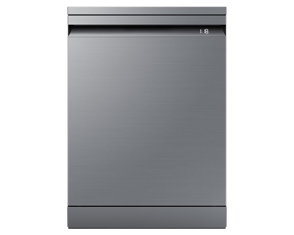 Samsung freestanding dishwasher in silver, featuring a sleek stainless steel finish, WaterJet Clean technology, and capacity for 14 place settings.
