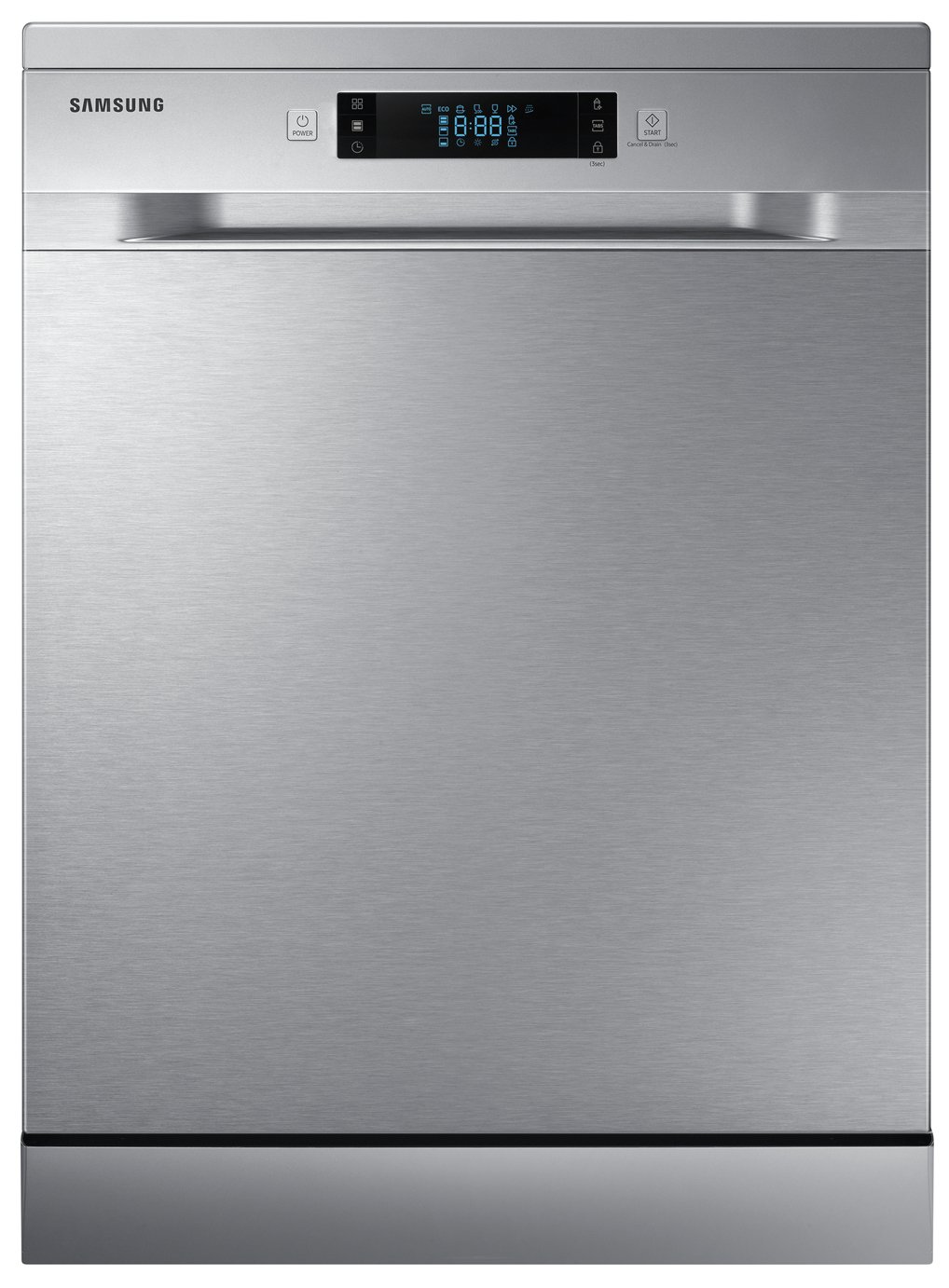 Samsung freestanding dishwasher in silver, featuring a sleek stainless steel finish, digital control panel, and space for 14 place settings with an express wash option.