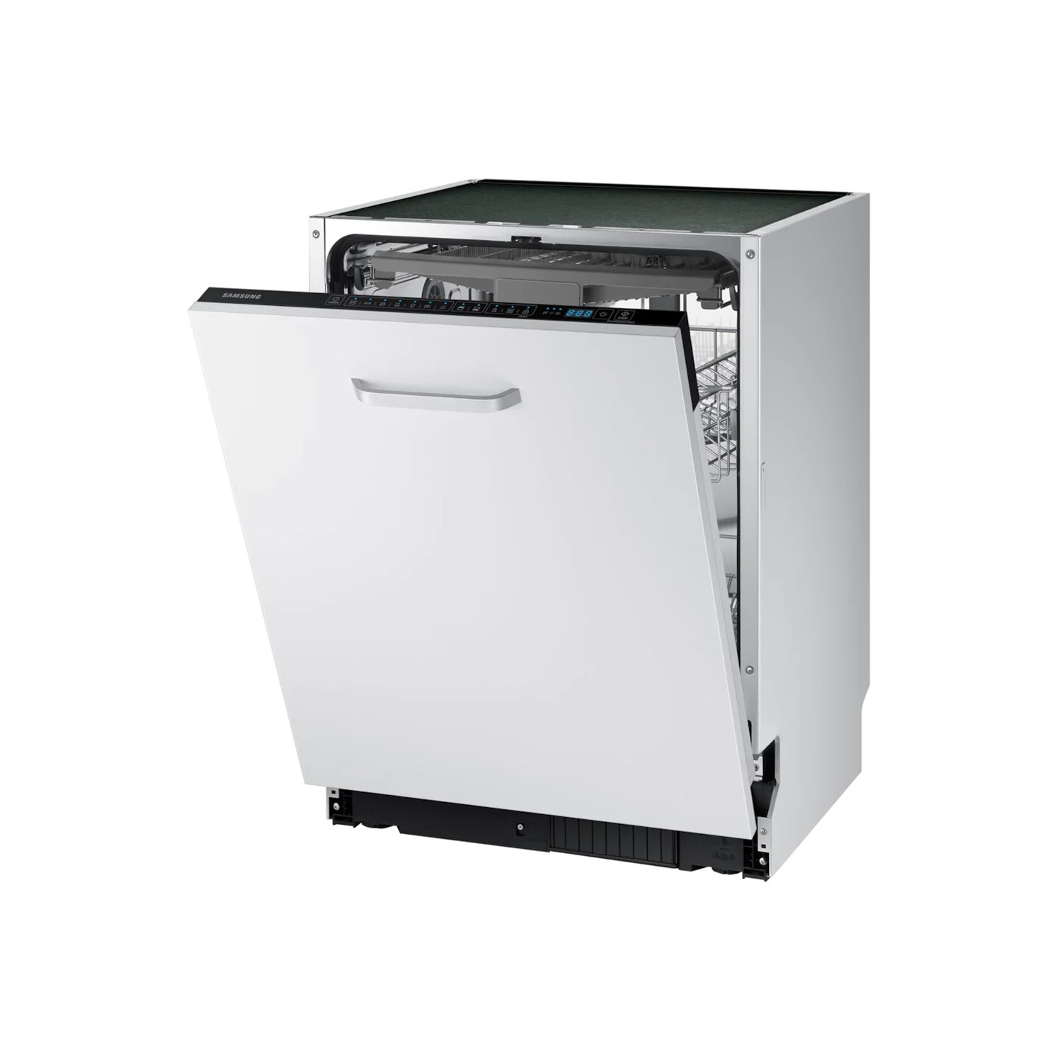 White Samsung dishwasher with a sleek design, featuring a stainless steel handle, open door revealing a spacious interior with adjustable racks and a digital control panel.