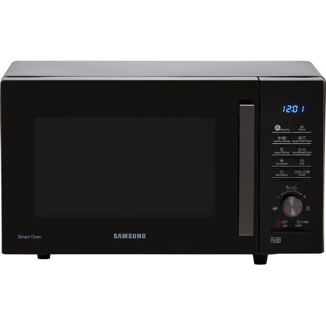 Samsung Combi Microwave Slim Fry 28L in sleek black, featuring a glass door, digital display, and control panel with buttons and dials for easy operation.