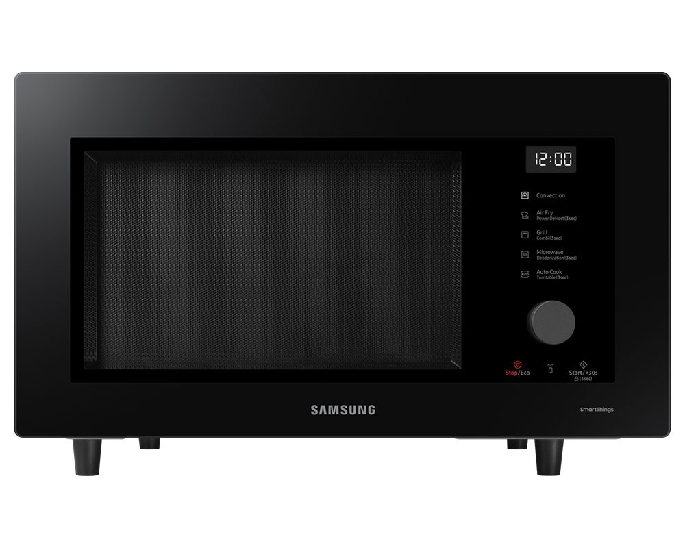 Samsung Combi Microwave All-in-One in sleek black glass, featuring a 32L capacity, digital display, control panel with buttons, and a modern design.