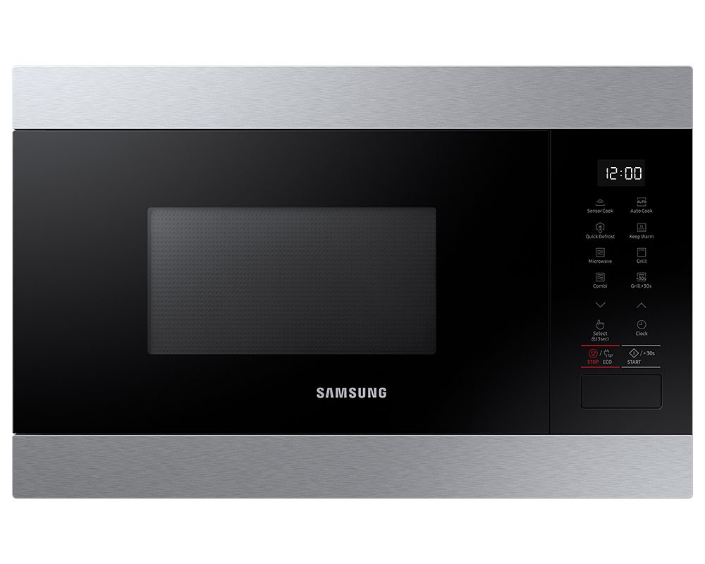 Samsung MG22M8274AT built-in microwave features a sleek stainless steel design with a black glass front, digital control panel, and grill function for versatile cooking options.