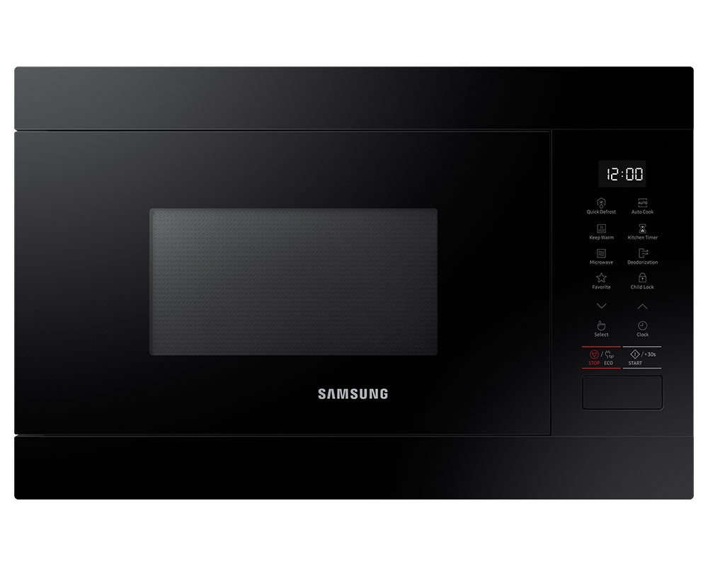 Samsung Solo Microwave in sleek black, featuring a glass door, digital control panel with buttons and display, and a 22L capacity for efficient cooking.