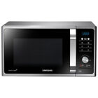 Stainless steel Samsung microwave with a black glass front, digital display, and control panel featuring buttons and a dial for easy operation.